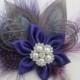 Purple Wedding Hair Clip, Silver Peacock Hair Fascinator, Purple & Gray Feather Wedding Hair Piece, Bridal Accessory, Birdcage Veil