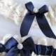 Wedding Garter Set Ivory Lace And Navy Blue Bridal Garter Set With metal Rhinestone Style# GS0068