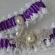 Wedding Garter, Bridal Garter Set Purple With White Raschel Lace And Rhinestone Embellishments
