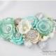 Bridal Sash / Custom Wedding Bridesmaids Belt in Ivory, Champagne, Aqua Mint Blue with Brooches, Beads, Pearls, Crystals, Jewels