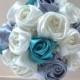 Satin Rose Bouquet, Ribbon Rose bouquet,  Ivory, Teal & Light Gray Flower accented with rhinestone (Large, 9 inch)