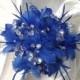 Taylor Reserved listing for October wedding for royal blue feathers and rhinestone bouquet, alternative wedding bouquet, feather bouquet