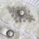 Bridal rhinestone crystal applique heirloom garter set. Cream/ Ivory stretch lace Ivory Pearl wedding garter. BEATRICE