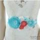 READY TO SHIP Bridal Sash / Beach Wedding Belt in Sea Foam Blue, Turquoise, Coral and White with Brooches, Glass Beads Handmade Flowers