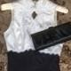 TWO ITEMS:  Jessica McClintock formal wear/wedding wear and Jessica McClintock black clasp clutch purse, 1980's Jessica McClintock
