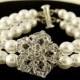 YOLANDE, Vintage Inspired Wedding Bracelet, Swarovski Pearl Bridal Bracelet Cuff, Rhinestone Flower Bridal Wedding Jewelry, Old Hollywood