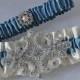 Wedding Garter Set - Antique Blue Garters And Ivory Satin With Crystal Rhinestone Applique Embellishment, Garter Belts, Bridal Garter Set