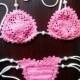 Crochet bikini pink with off white elastic straps metal beads top bottom sexy swimwear erotic micro bikini lingerie string thong erotic gift