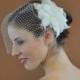 Bandeau 904 -- "HIBISCUS" VEIL SET w/ Flower Feather Fascinator Hair Clip & Ivory or White 9" Birdcage Blusher Veil for bridal wedding