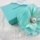 Aqua / Tiffany Blue Satin & Tulle Flower Puff w/ Pearl Stretchy Lace Headband or Hair Clip, Wedding, Baby Toddler Child Girls Headband