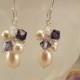 Purple Velvet Blend Earrings, Purple Bridesmaid Earrings, Purple Wedding Jewelry, Swarovski Elements and Ivory Pearls