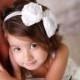 White Hair Bow - Satin Rosette & Crystal Hairbow Headband or Hair Clip - Baby Toddler Girls Hair Bow Headband or Clip Wedding Flower Girl