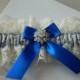 Wedding Keepsake Garter, Bridal Keepsa Garter, Ivory Chantilly And Royal Blue With Rhinestone Button