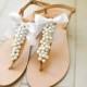 Wedding sandals- Greek leather sandals decorated with white pearls and satin bow -Bridal party shoes- White women flats- Bridesmaid sandals