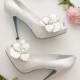 Something Blue  White Peep Toe Bridal Wedding Shoes Pumps with Oversize Magnolia Flower Gold Chain Clip