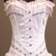 Lolita inspired White satin corset with ruffles, lace, beaded trim, hearts Burlesque XS Steel Boned