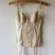 Beige Lace Suspender Top Nude Boned Embroidered Tulle Lace Women's Garter Belt Cabaret Burlesque Lingerie Size Medium