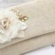 Bridal Linen Clutch, Wedding, Handbag, Bag, Shabby Chic, Rustic in Ivory, Cream and Gold with Lace and Pearls- Vintage Inspired