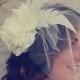 Ivory Bridal Flower Hair Accessories with Birdcage Veil, Flower Hair clip, Fascinator  with Feathers,Tulle & lace "VALENTINA with VEIL"