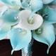 Silk Flower Wedding Bouquet - Aqua or Aruba Blue Calla Lilies Natural Touch with Crystals Silk Bridal Bouquet Mint Robbin's Egg