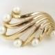 Vintage Crown Trifari Gold Tone Brooch Pin with Faux Pearls, Bridal Jewelry