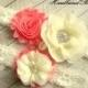 Beautiful CORAL Bridal Garter Set - Ivory Keepsake & Toss Wedding Garter - Chiffon Flower Rhinestone Lace Garters - Vintage Lace Garter