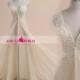 RW682 Unique Champagne Wedding Dress come with Cap Sleeve Chiffon Beach Wedding Dresses with Beading and Rhinestone Sheer Wedding Gowns