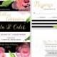 Black White Wedding Invitation & RSVP Postcard - Printed or Printable, Pink Gold Watercolor Floral Kate Invite Rose Stripe Modern Green 