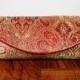 Red and gold and green brocade clutch bag. Paisley design, red clutch, burgundy, Indian wedding