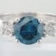 Blue Diamond Three Stone Engagement Ring 1.18 Carat Certified 14K White Gold HandMade