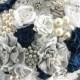Brooch Bouquet, Wedding, Jeweled, Bridal, Navy Blue, White, Gray and Silver with Handmade Flowers and Pearls, Something Blue