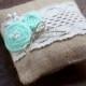 Rustic Burlap Ring Bearer Pillow with mint flowers- 14 Custom Colors Available