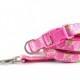 Pink Floral Dog Collar and Leash - Hot Pink Rose Print Floral Girl Dog Collar