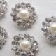 10 Pieces  21 mm  Silver Metal Buttopns With  Rhinestone and Ivory Pearl Bridal Bouquet  Flower Hair Embellishment