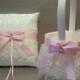 Light Pink, Wedding Bridal, Flower Girl Basket and Ring Bearer Pillow Set on Ivory or White ~ Double Loop Bow & Hearts Charm ~ Allison Line