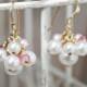 Cluster Bridesmaids Wedding Earrings, White Pink Swarovski Pearls, Swarovski Crystals, Gold Earrings, Bridal Earrings, Wedding Jewelry