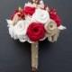 Burlap Winter Wedding Bouquet Red, Ivory, and Natural Burlap Bouquet Burlap Bridal Bouquet Bride Bouquet