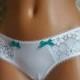 Bridal panties: White Cotton Hipster Cutie Booty w/ Floral Lace & Teal Blue I Do - Customized Bride - Size S-L