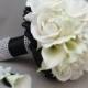 Black White Wedding Bridal Bouquet Stephanotis Real Touch Roses Calla Lilies Groom's Boutonniere Real Touch Custom Wedding Bouquet