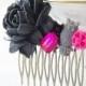 Gray Rose Hair Clip / Charcoal Grey Hair Piece  / Gray and Hot Pink Flower Hair Clip / Wedding Hair Piece
