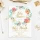 Baby Shower Colorful Flower Invitation Gold Foil Digital Personalised Bachelorette Party Wedding Birthday Blue Pink Yellow Wreath 5x7 inches