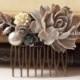Gray Wedding Comb Woodland Bridal Hair Accessories Head Comb accent of Grey, Blue, White, Dusky Blue, Silver Leaves Pearl Rustic Big Rose WR