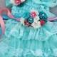 aqua ivory coral dress sash headband SET,lace girl Dress,baby dress,Flower girl dress,First 1st Birthday Dress, girls photo outfit