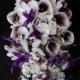 Cascading picasso calla lily hydrangea bouquet, dendrobium orchid, white, purple, teardrop bouquet, bridal bouquet