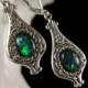 Steampunk Earrings Peacock Blue Green Opal Crystal Drop Antiqued Silver Filigree Titanic Temptations Jewelry Vintage Victorian Bridal Style