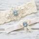 Blue Topaz Ivory White Lace Bridal Garter Belt Wedding Set Keepsake Toss Shower Gift Rustic Beach Spring
