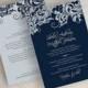 Wedding Invitations, Victorian Filigree Pattern Design Wedding Stationery In Navy Blue, Silver And White, Jora