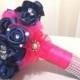 Navy blue and Hot pink satin ribbon flower bouquet with Pearl and rhinestone brooches, Hot pink pearl brooch bouquet, Navy fabric bouquet