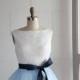 Boat Neckline Ivory Lace Silver Grey /BlueTulle Knee Length Short Wedding Dress/Bridesmaid Dress/Prom Dress/Navy Blue Sash