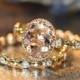 Floral Morganite Wedding Ring Set in 14k Rose Gold, 9x7mm Oval Morganite Engagement Ring and Pebble Diamond Wedding Band (Custom Made ok)
